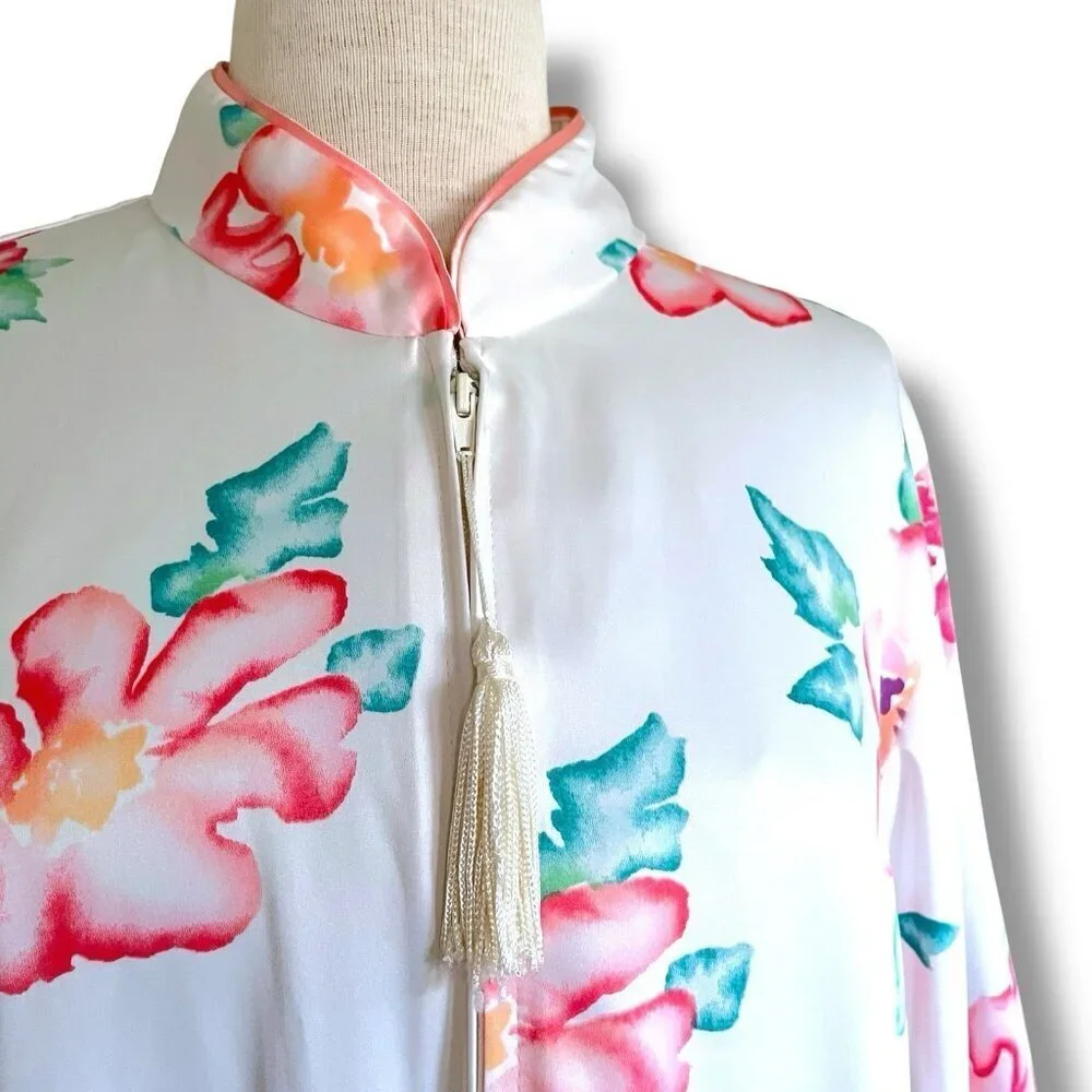 Vintage Natori Womens Robe Sz Large Ivory Pink Tropical Floral Kaftan House Coat